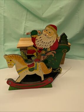 Vtg Wooden Napkin Holder Santa in Sleigh with Rocking Horse - Red, Green, Yellow